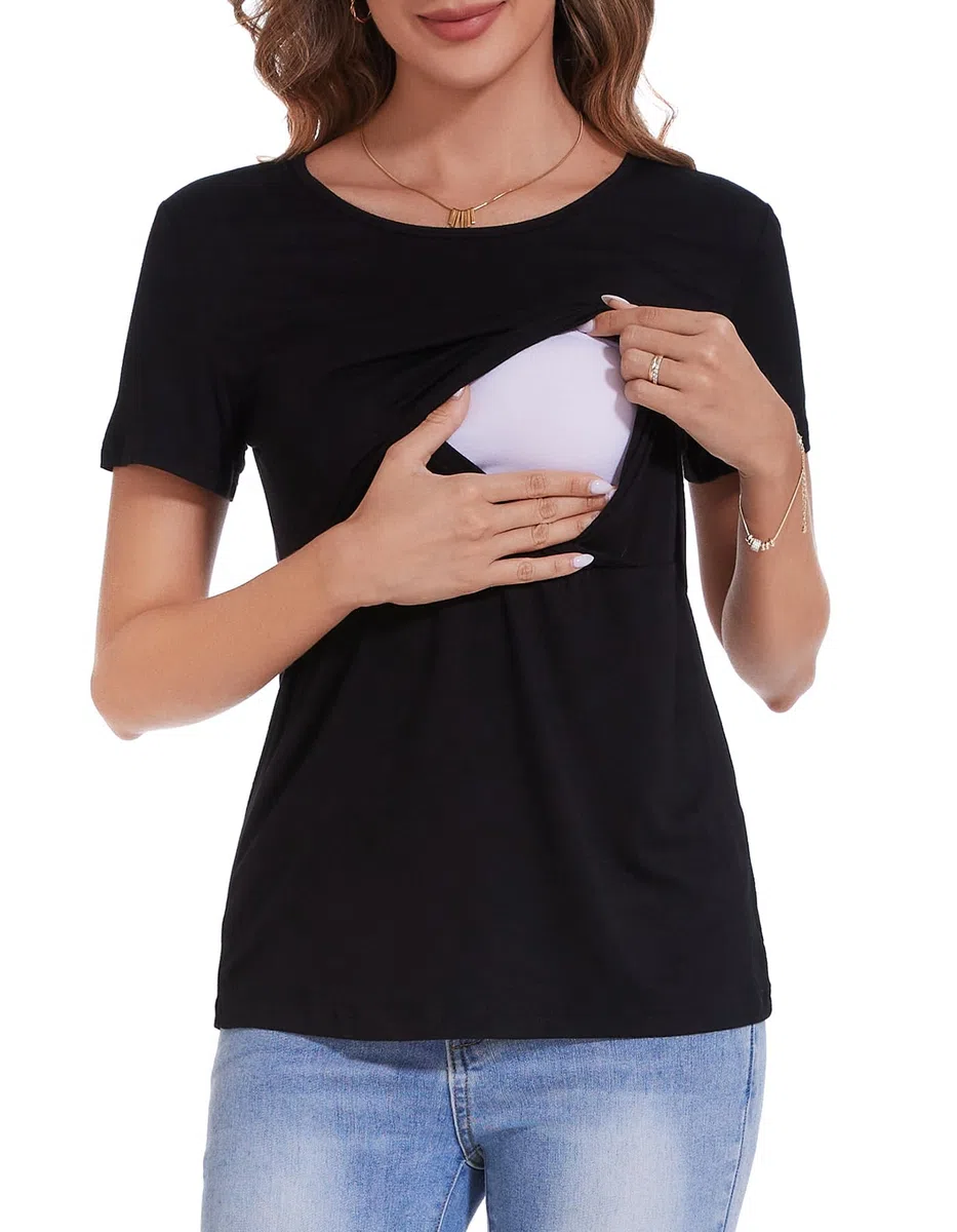 Sosolism Lot de 3 T-Shirts d'allaitement à Manches Courtes pour l'Été Shirts Décontractés pour Femmes Enceintes et Postpartum