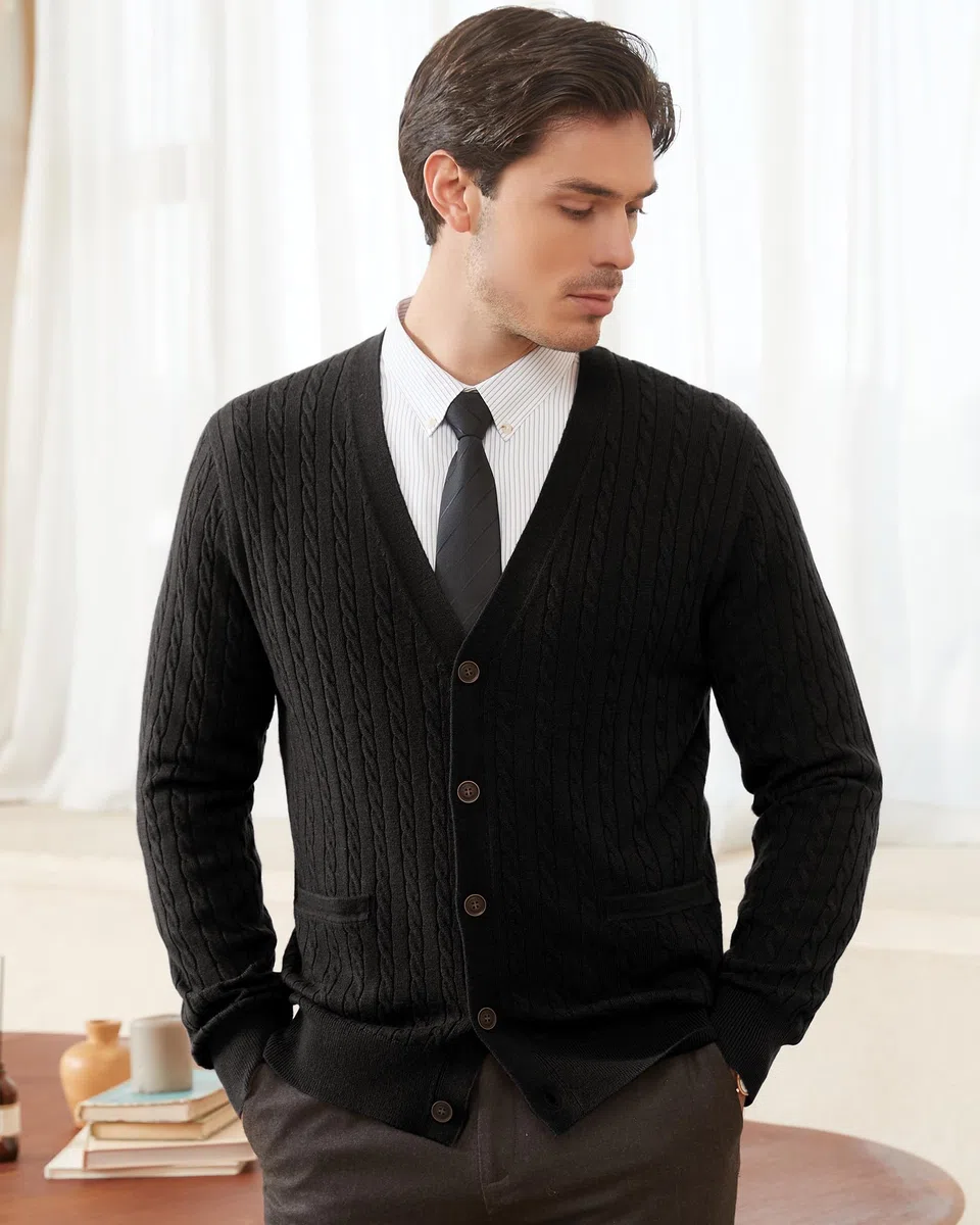Kallspin Cardigan pour Homme Boutonné en Laine à Col en V et à Manches Longues Tricot Torsadé Gilets