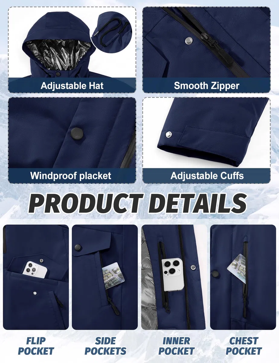TOMEEK Manteau Homme Veste Ski Imperméable Coupe Vent Hiver Chaud Blousons Homme de Combinaisons de Ski Mesure la Température Possible Avec Capuche et Boussole