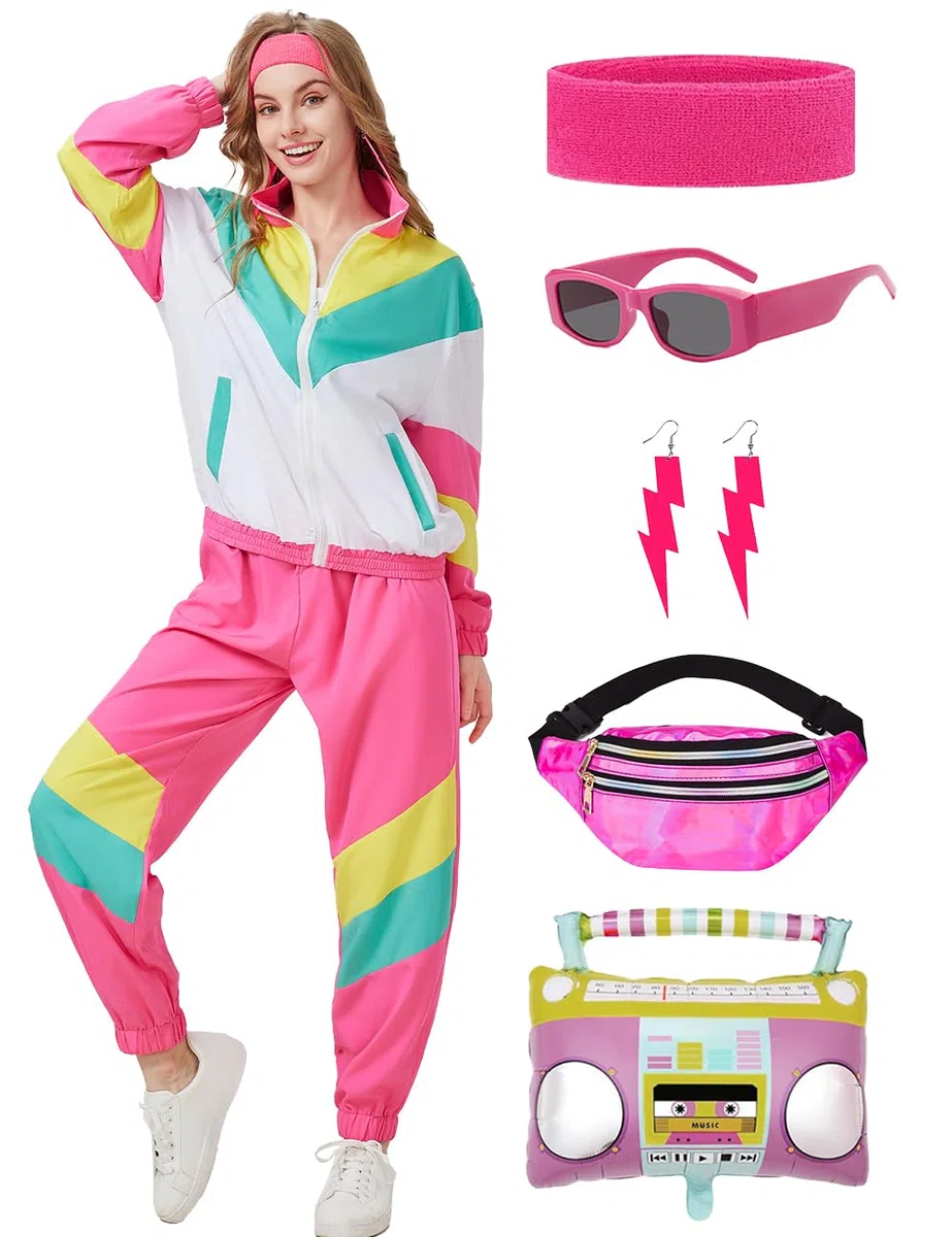 Déguisement 80 90 Année Femme 80s 90s Survêtement Rétro Tenue 80 90 Annee Costume Accessories pour Carnaval Halloween