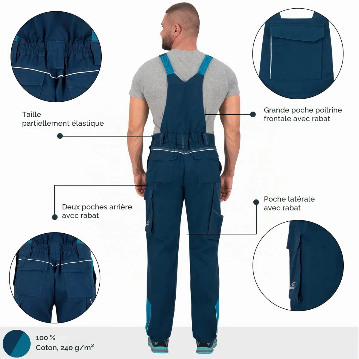 BWOLF Raptor 100% Coton Salopette de Travail Homme Bleu de Travail Homme Salopette de Travail Homme avec Poches Multifonctionnelles, Bandes Réfléchissantes