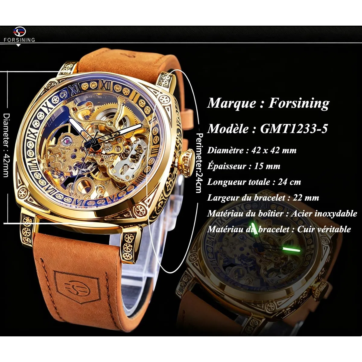 FORSINING Montre Homme Mécanique Automatique Carrée Squelette Dorée, Bracelet en Cuir Vintage Style Rétro, Étanche, Montre Bracelet Classique pour Homme
