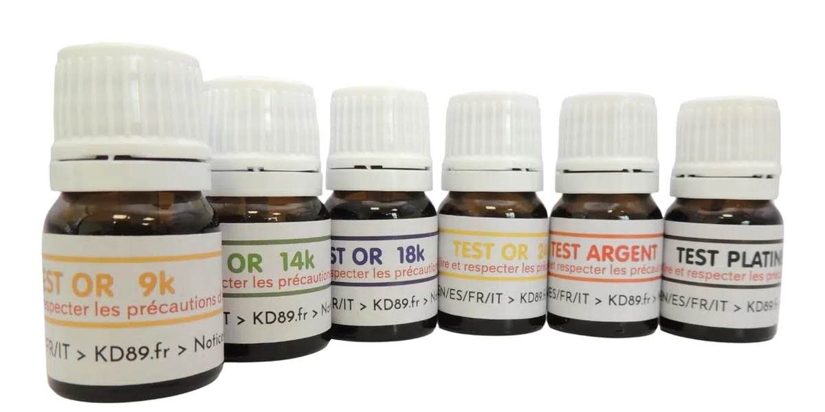 PROMO : TESTEUR OR 9,14,18,24K CARATS + Argent + Platine - KIT 6 FLACONS PRET A L'EMPLOI + TESTEUR ARGENT + TESTEUR PLATINE + PIERRE DE TOUCHE NATURELLE 45x40mm + GUIDE EXPERTISE OFFERT KD89/VD91