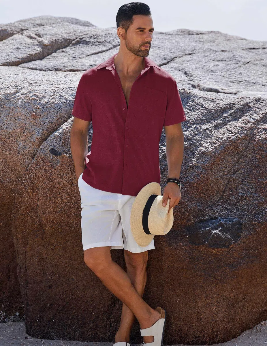 Coofandy Chemises à Manches Courtes avec Boutons pour Homme - Chemise d'été décontractée en Lin avec Poche