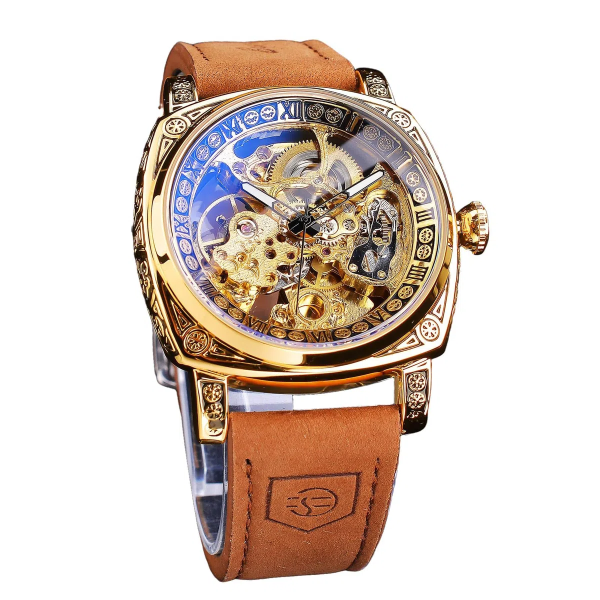 FORSINING Montre Homme Mécanique Automatique Carrée Squelette Dorée, Bracelet en Cuir Vintage Style Rétro, Étanche, Montre Bracelet Classique pour Homme
