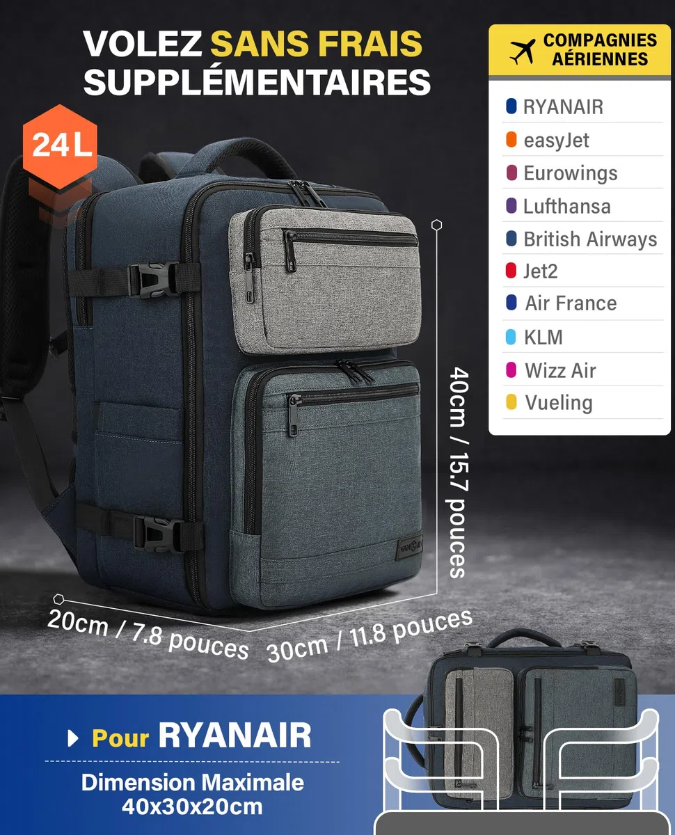 VANKEV Ryanair Easyjet Eurowings Wizz Air Sac à Dos Voyage Cabine 40x30x20cm-24L, Bagage à Main Bagage Cabine Accepte un Ordinateur Portable de 15,6 Pouces bleu ardoise